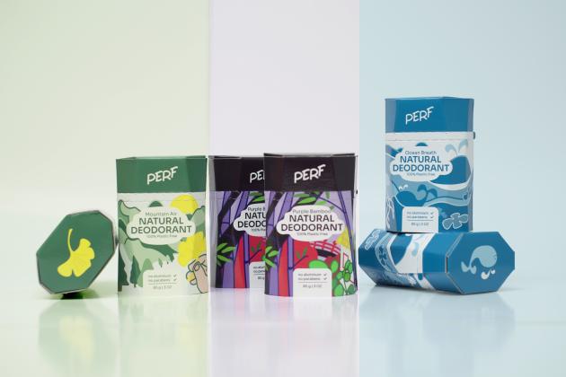 Deodorant in paperboard packaging, in different colors, red, black and blue
