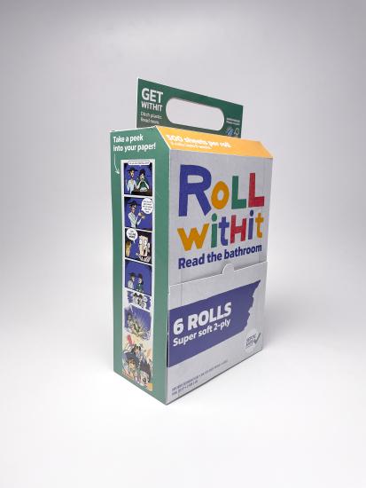 A paperboard package with toilet paper named, Roll with It. 