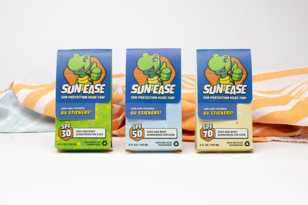 Paperboard Sunscreen package wiht a turtle on it, named SunEase