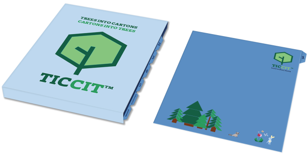 Image of a flat paperboard container with a leaf on it and writing that says TICCIT